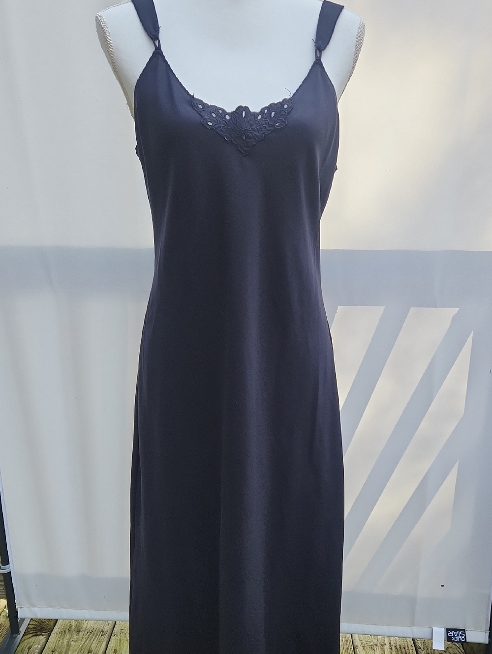 Women's Black Vintage Vanity Fair Satin Slip Dress with Lace Trim Scallop Edges